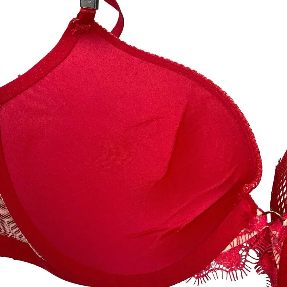 Victoria's Secret Very Sexy Hot Pink Push Up 34DD Bra Fishnet‎ Lace Bling READ